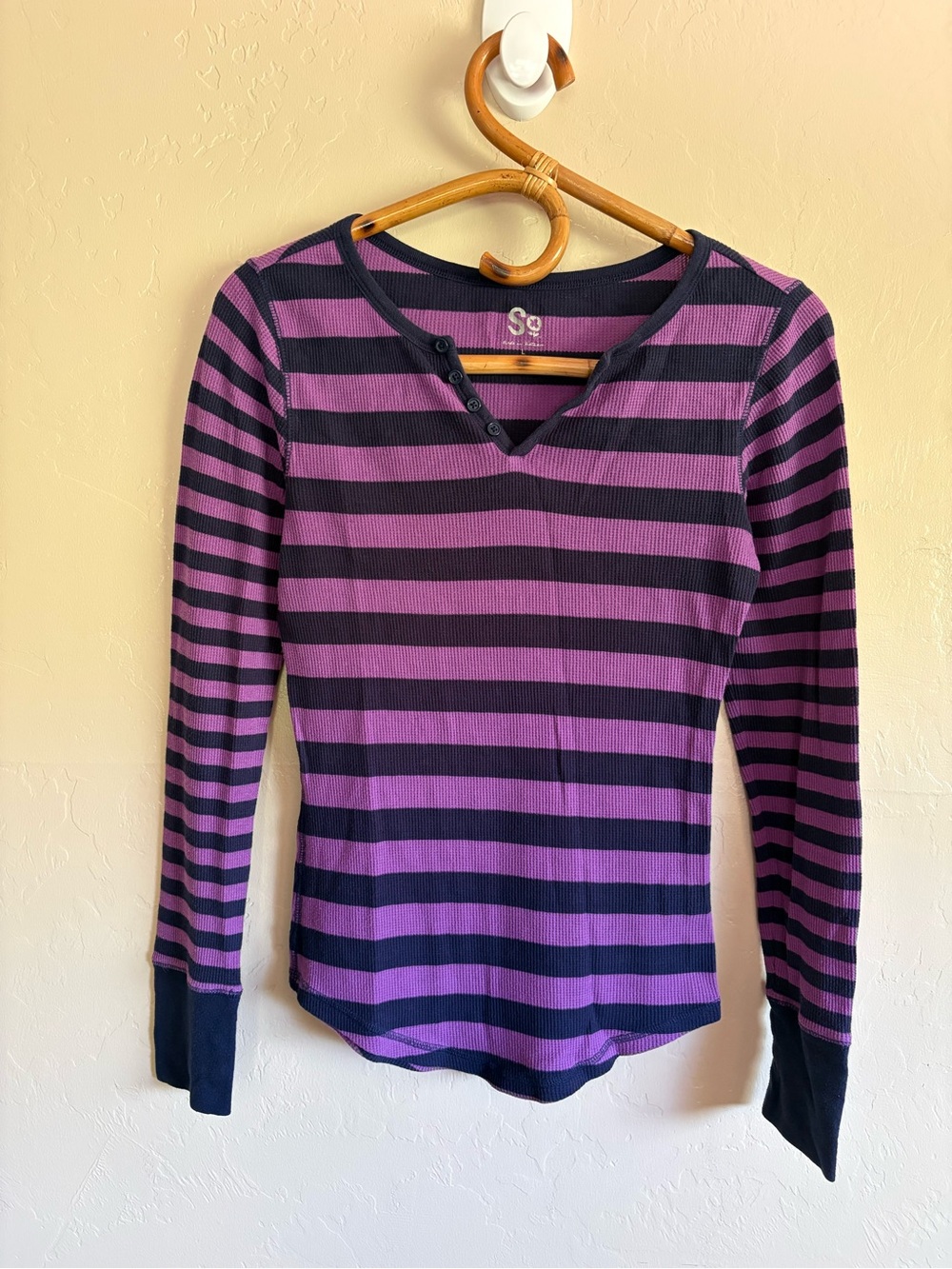 Y2K 2000s So Purple Striped Long Sleeve Henley Shirt Size Large 100% Cotton